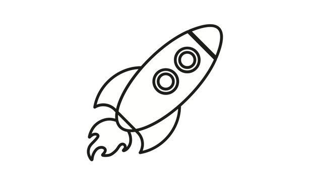 Minimalist black line art vector illustration of a rocket ship launching into space with fire exhaust, ideal for startup business growth concepts, technology icons, and space exploration symbols.