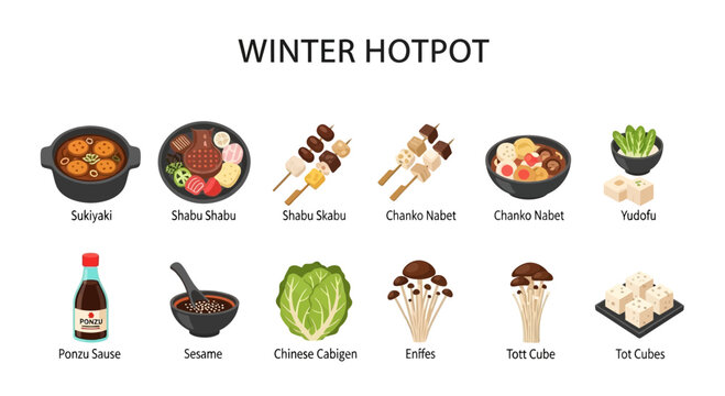 Illustration of various Japanese winter hot pot dishes and ingredients