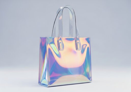 Iridescent holographic tote bag stands against a plain neutral background.