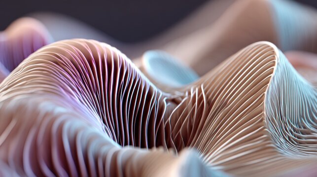 Abstract macroscopic surface featuring delicate, flowing, ribbed structures with soft pastel lighting.