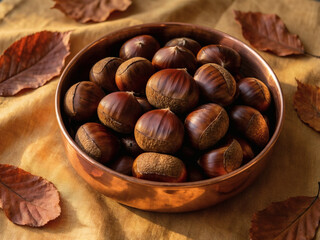 Fototapeta premium Chestnuts Gathered in a Decorative Bowl Surrounded by Autumn Leaves Creating a Cozy Feel.