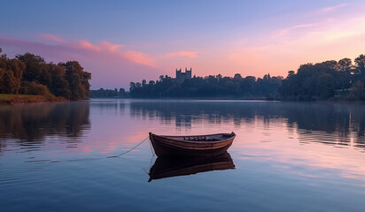 Obraz premium boat on the lake with afternoon atmosphere