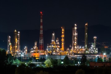 Fototapeta premium Workers operate machinery and equipment at an oil refinery during the night near hills and urban areas. Lights shine brightly