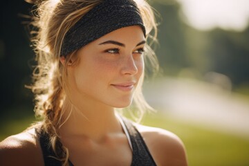 Naklejka premium Woman smiles while exercising in park on warm day with trees surrounding her. She wears a headband and workout gear