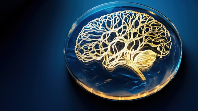 shortcoming. Translucent glass brain sculpture with glowing golden filaments inside. product launch decks, UI/UX mockups, designed for product launches and innovation pitches, used by copywriters.
