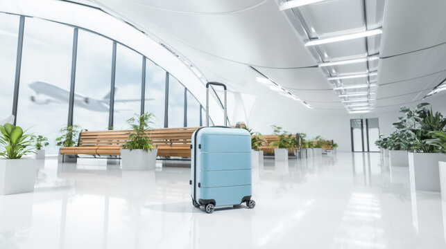 A blue suitcase sits in a modern airport terminal with large windows and plants