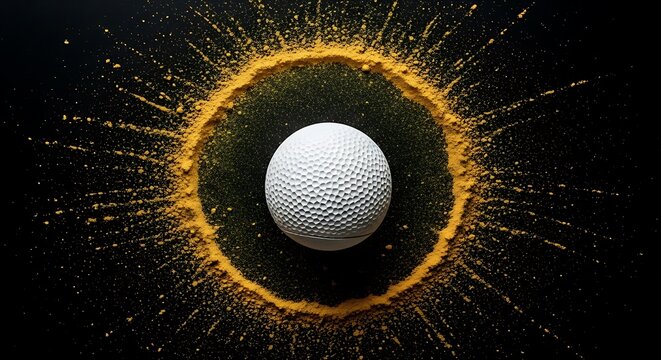A single white golf ball rests within a circular burst of yellow powder against a dark background