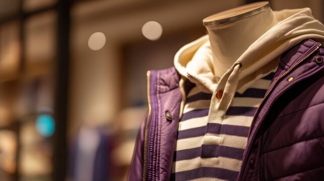 Mannequin in window display; layered clothing jacket, hoodie, striped shirt, blurred background