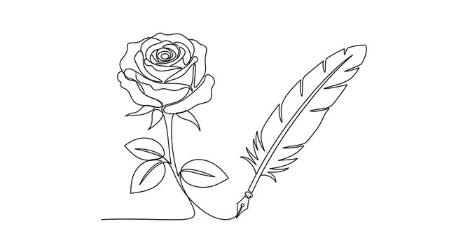 Single line art of a rose flower and vintage feather quill pen