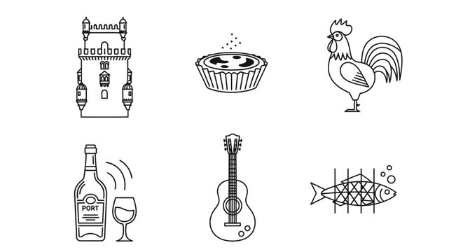 Iconic portuguese symbols tower pastry rooster wine guitar and fish