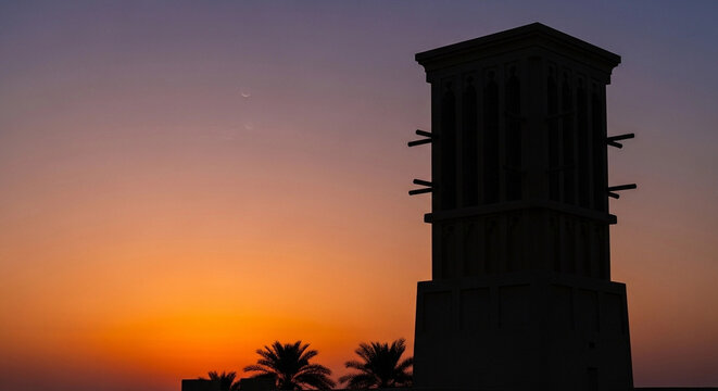 Silhouette of ancient Arabic windcatcher tower and palm trees against a vibrant gradient sunset sky, showcasing traditional architecture and warm desert ambiance.