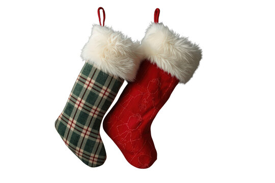 Christmas stockings hanging, bringing holiday tradition and festive decoration, green plaid and red, transparent background