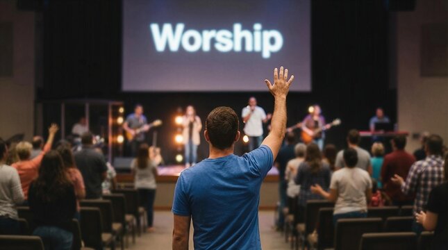 Man raising hand in worship during modern church service with band and stage