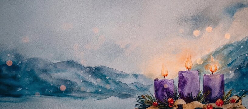 Watercolor painting of three purple advent candles lit against a snowy mountain backdrop
