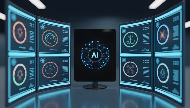 Artificial intelligence control interface with glowing data dashboards and futuristic cybernetic hud screens in a dark high tech server room environment concept