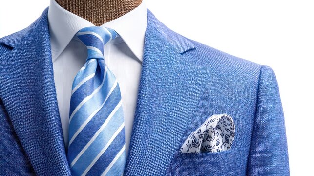 Close-up of a blue suit, white shirt, and striped tie with a pocket square