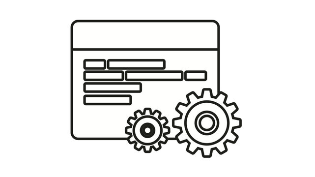 Web Development and System Configuration Vector Icon Illustration Featuring a Browser Window with Code Lines and Two Gears Representing Software Engineering and Technical Optimization Processes