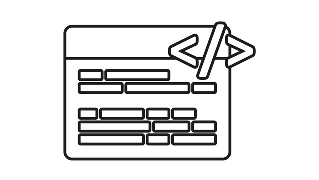 Black line art vector icon of a web browser window with coding symbols and lines of code, representing web development, software engineering, programming, and website design for digital projects.