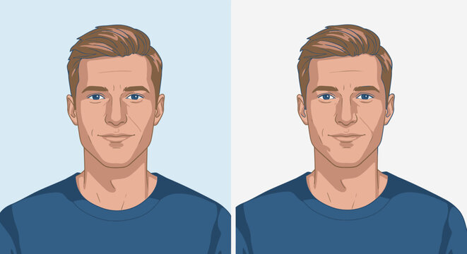 Illustrated portraits of a man with blue eyes and brown hair on two backgrounds