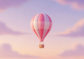 Fototapeta premium Pink and white striped hot air balloon floats peacefully through a soft sunset sky.