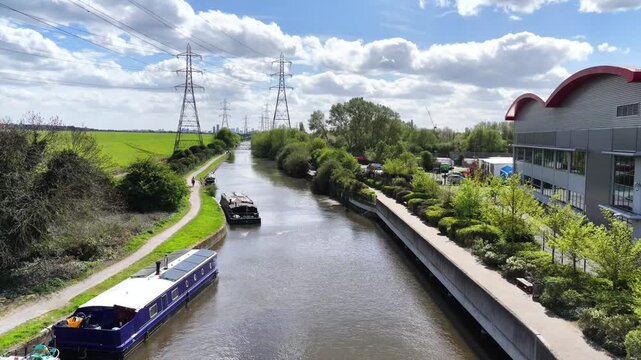 River Lea Canal and Electricity Pylons Aerial 4K London