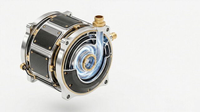 Cylindrical metal hardware component with cross-section, carbon fiber panels, spiral channels and blue illuminated interior on light background with drop shadow and copy space