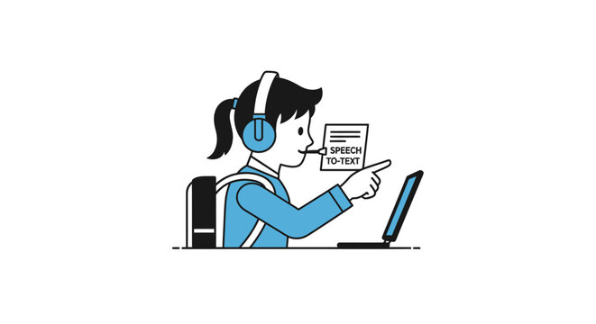 Woman wearing headset using laptop computer.