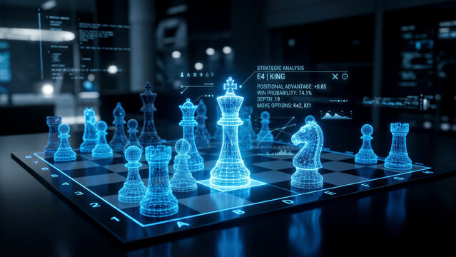 Advanced Chess AI Strategic Analysis High Tech Wireframe Chessboard Strategy Display