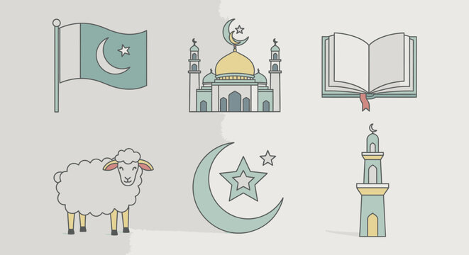 Islamic symbols and icons moon mosque flag book and sheep illustrations