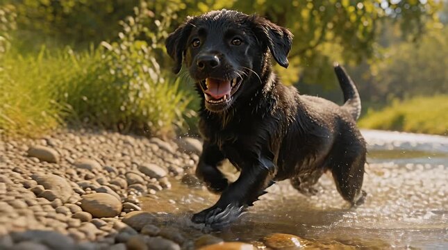 Playful Black Labrador Retriever Puppy Splashing in a Shallow Forest Stream During a Sunny Summer Afternoon, Happy Young Dog Playing in Rippling Water with Golden Sunlight Reflections