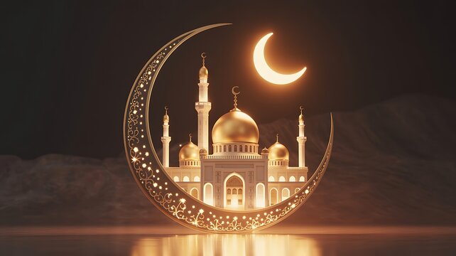 A serene digital illustration of a glowing crescent moon showcasing a majestic mosque under a night sky with a crescent moon shining brightly.