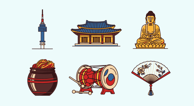 Korean cultural symbols illustration featuring landmarks and traditional objects
