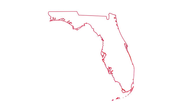 Outline Map of Florida State, USA - Red Contour on White Background