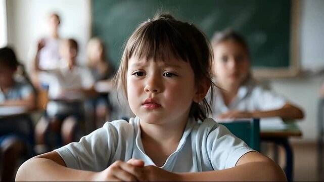 Young elementary school girl looking sad and struggling in a classroom for childhood emotional development concept and academic challenges