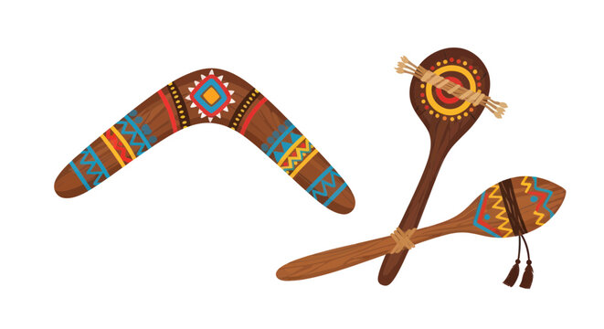 Australian Aboriginal Boomerang and Wooden Claves with Traditional Patterns