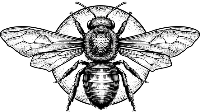 Detailed black and white ink illustration of a flying bee with a circular patterned background
