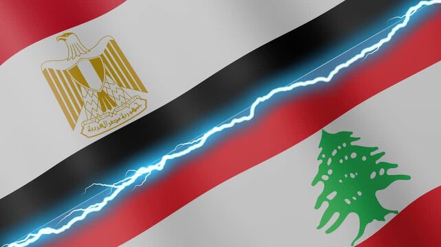 Two waving flags Egypt and Lebanon with diagonal lightning seamless, 4k loop