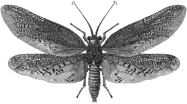 Detailed entomological illustration of a Neuroptera insect, open wings, intricate details