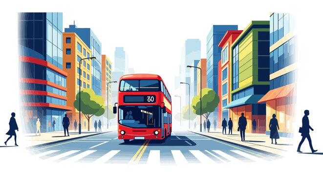 Vector illustration depicting a red double-decker bus on a city street with people, showcasing modern architecture and a bright, clean design conveying a sense of urban transportation
