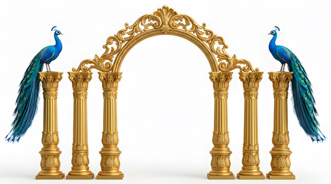 Ornate golden archway with majestic peacocks on pillars, luxury baroque architectural frame isolated on white background, 3D illustration.