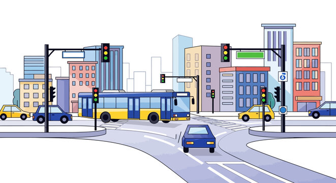 Vector illustration depicting a city bus navigating an intersection on a city street, surrounded by various colorful buildings and vehicles, all rendered in a clean, cartoon style
