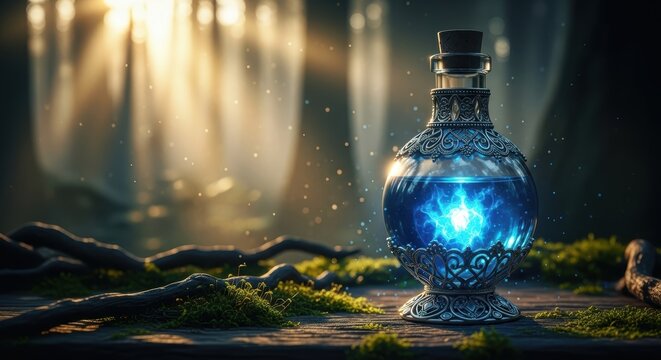 Enchanted Elixir: A mystical potion bottle amidst sunlit forest ambience, evoking wonder and magic