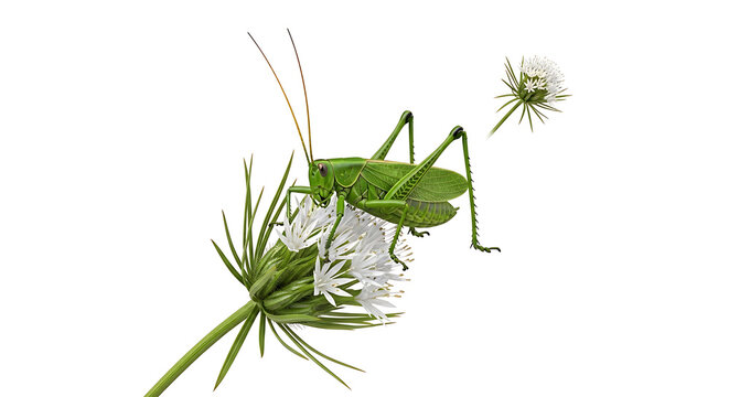 Green katydid insect perched on a white wildflower with delicate petals and green stem, isolated on white background, macro detail