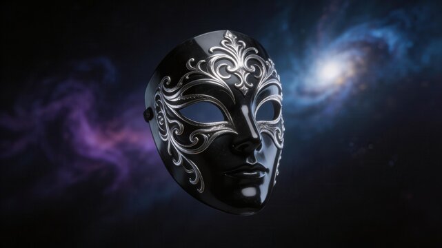 Mysterious Masquerade: A detailed, ornamental mask floats in a captivating cosmic tableau, with a dramatic contrast between the ornate design and the ethereal background, creating a sense of intrigue.