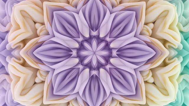 Delicate pastel particles in lilac, buttercream, and mint forming temporary soft mandala fragments that breathe and dissolve, peaceful meditative atmosphere, steady centered camera with very slow zoom
