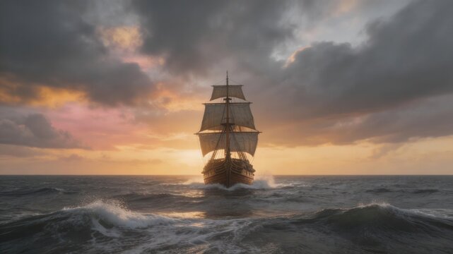 Sailing into the Horizon: A majestic old ship navigates the vast ocean under a dramatic sky, evoking a sense of adventure, exploration, and the enduring power of the sea.