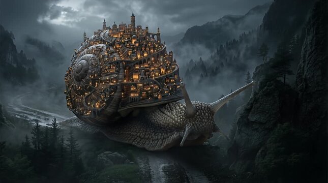 Cinematic tracking shot of a giant snail carrying a glowing miniature city on its shell through a foggy valley, featuring surreal fantasy architecture and atmospheric misty lighting