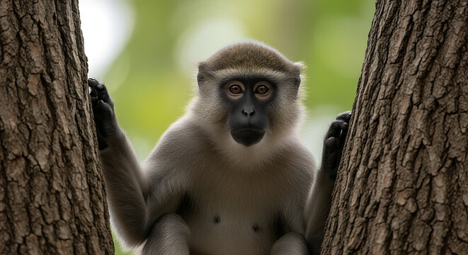 Close-up portrait of a green monkey looking directly at the camera, perched between two tree trunks with soft bokeh background, evoking curiosity