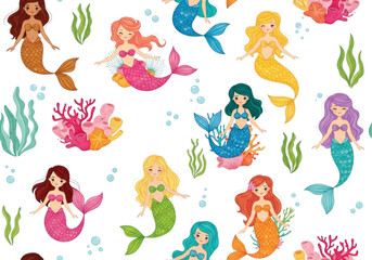 Obraz premium Whimsical Underwater Mermaid Characters and Coral Reef Scene with Colorful Seashells and Bubbles, Seamless Pattern