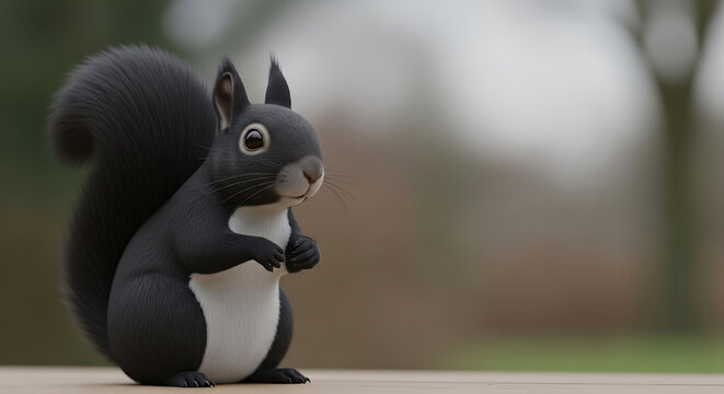 Cute black squirrel with fluffy tail and white chest sitting on wooden surface, shallow depth of field, soft natural background, animal portraiture